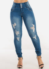 Butt Lift Distressed Skinny Jeans Med Blue