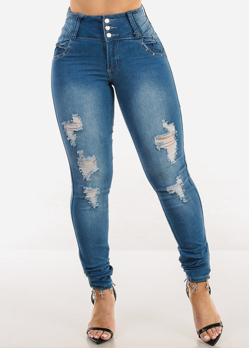 Butt Lift Distressed Skinny Jeans Med Blue