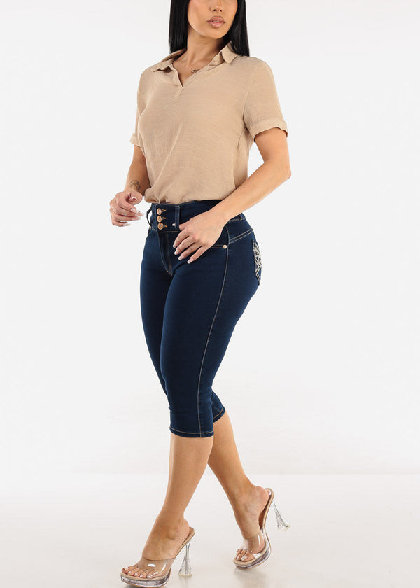 Butt Lift High Waist Dark Denim Capris