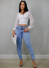 Mesh Long Sleeve Seamless Crop Top White