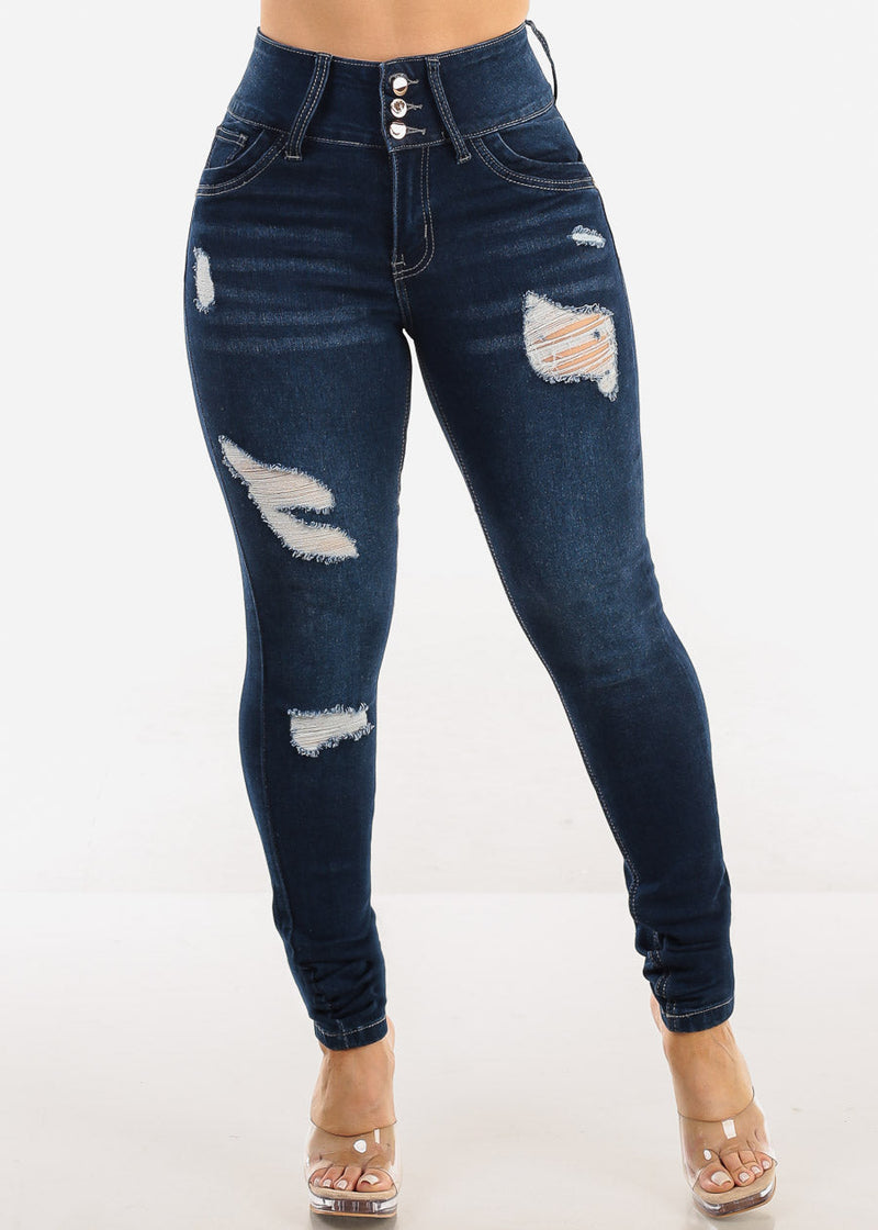 Butt Lift Super High Waist Ripped Dark Skinny Jeans