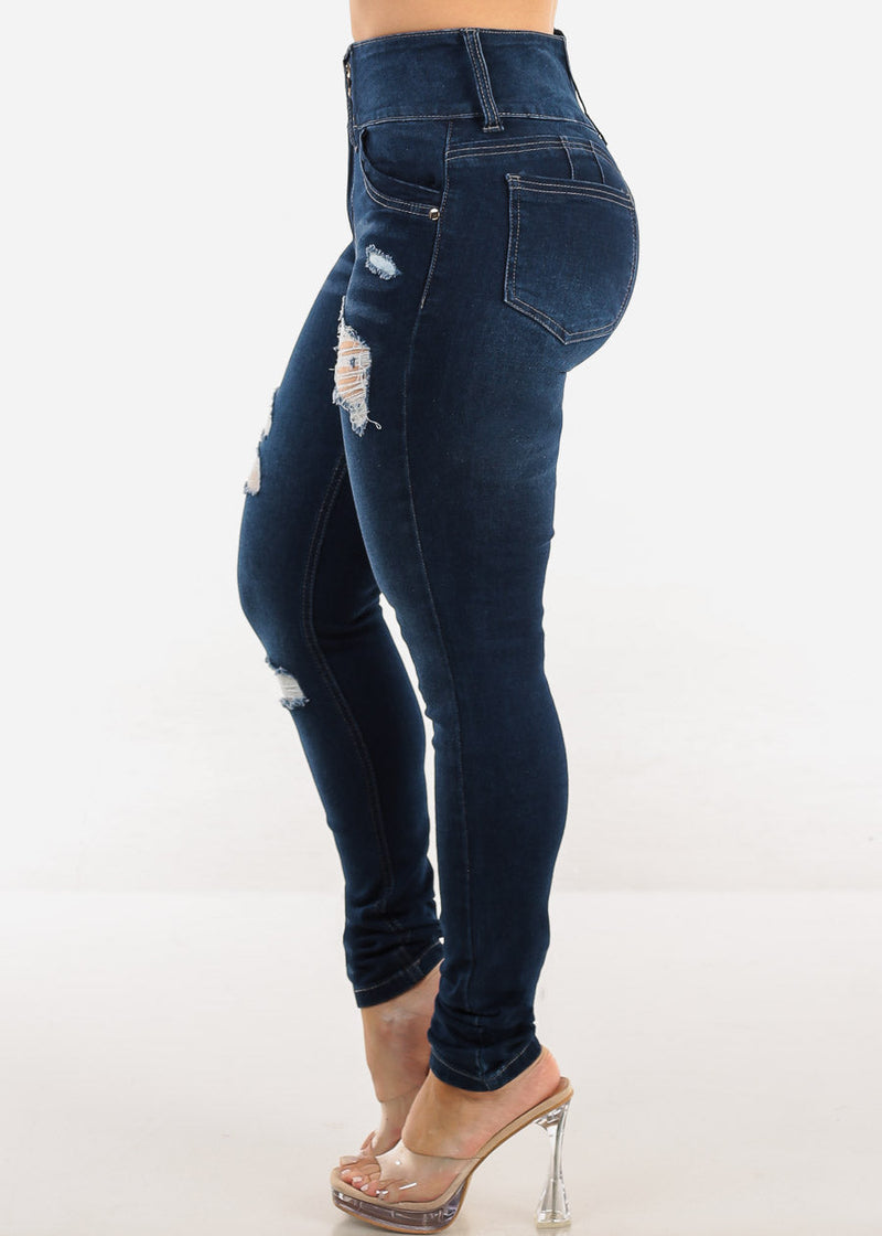 Butt Lift Super High Waist Ripped Dark Skinny Jeans