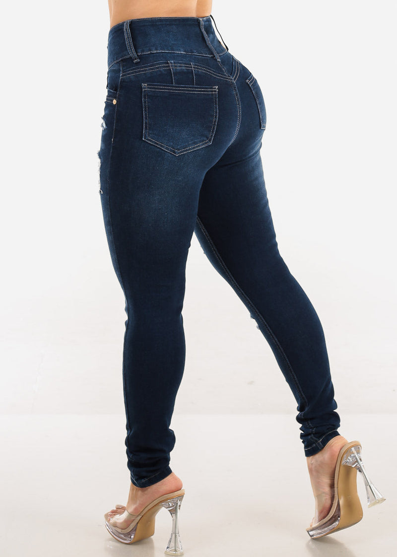 Butt Lift Super High Waist Ripped Dark Skinny Jeans