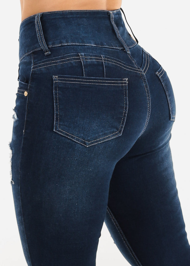 Butt Lift Super High Waist Ripped Dark Skinny Jeans