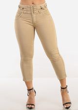 Butt Lift High Waist Denim Capris Khaki
