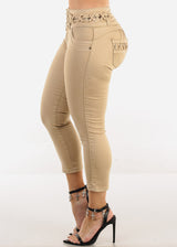 Butt Lift High Waist Denim Capris Khaki