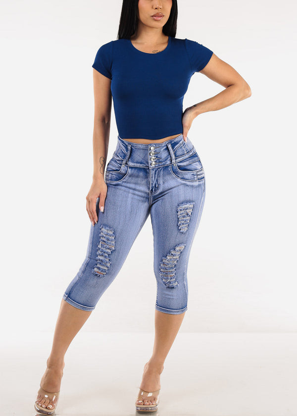Butt Lift Distressed Denim Capris Light Sand Wash