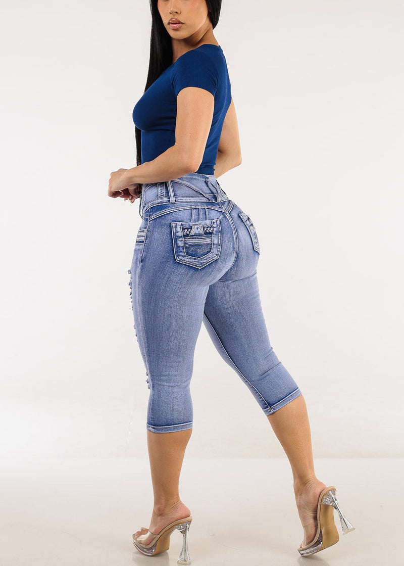 Butt Lift Distressed Denim Capris Light Sand Wash