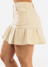 High Waist Ruffle Denim Mini Skirt Beige