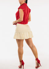 High Waist Ruffle Denim Mini Skirt Beige