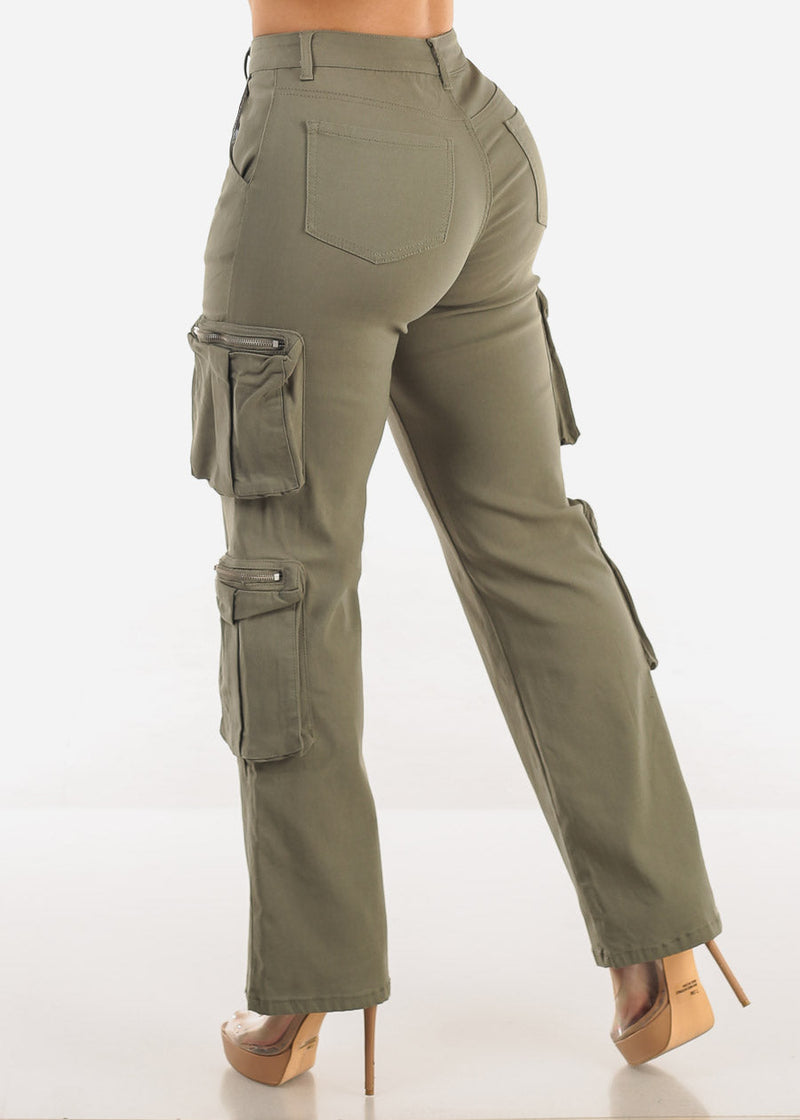 High Waist Hyper Stretch Straight Wide Leg Cargo Pants Olive