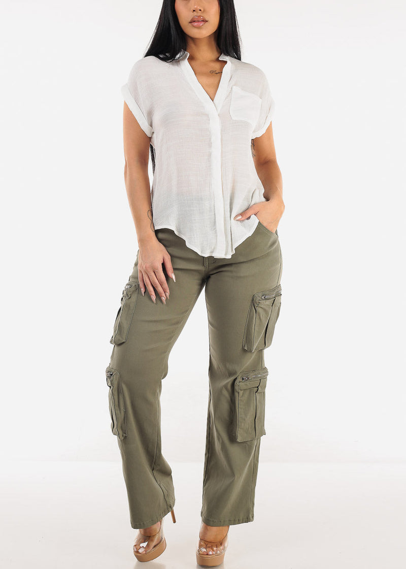 High Waist Hyper Stretch Straight Wide Leg Cargo Pants Olive