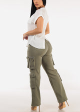 High Waist Hyper Stretch Straight Wide Leg Cargo Pants Olive