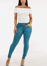 Butt Lift Mid Rise Stretch Skinny Jeans Teal