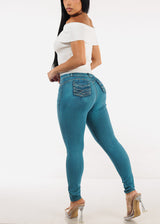 Butt Lift Mid Rise Stretch Skinny Jeans Teal