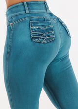 Butt Lift Mid Rise Stretch Skinny Jeans Teal