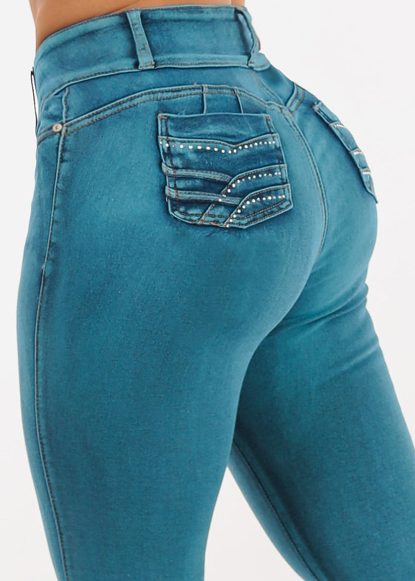 Butt Lift Mid Rise Stretch Skinny Jeans Teal