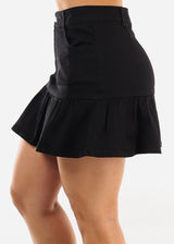 High Waist Ruffle Denim Mini Skirt Black