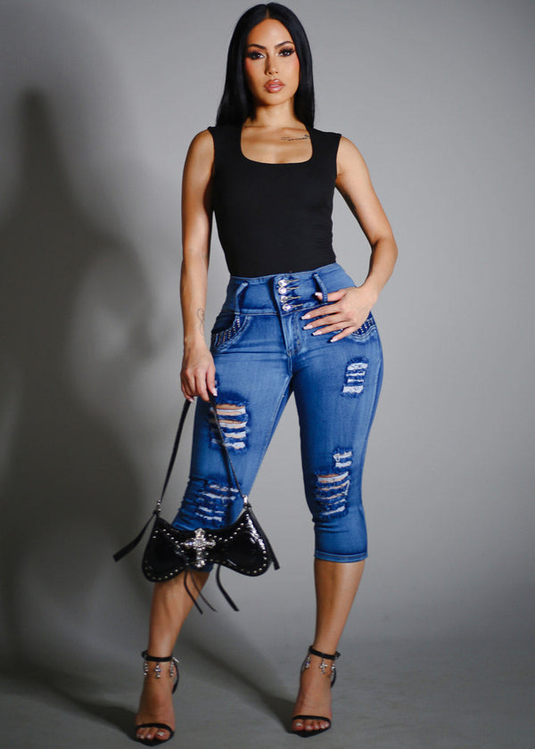 Butt Lift Distressed Denim Capris Teal