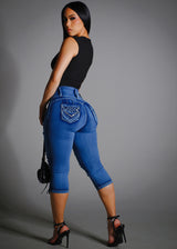 Butt Lift Distressed Denim Capris Teal