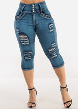 Butt Lift Distressed Denim Capris Teal