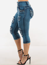 Butt Lift Distressed Denim Capris Teal
