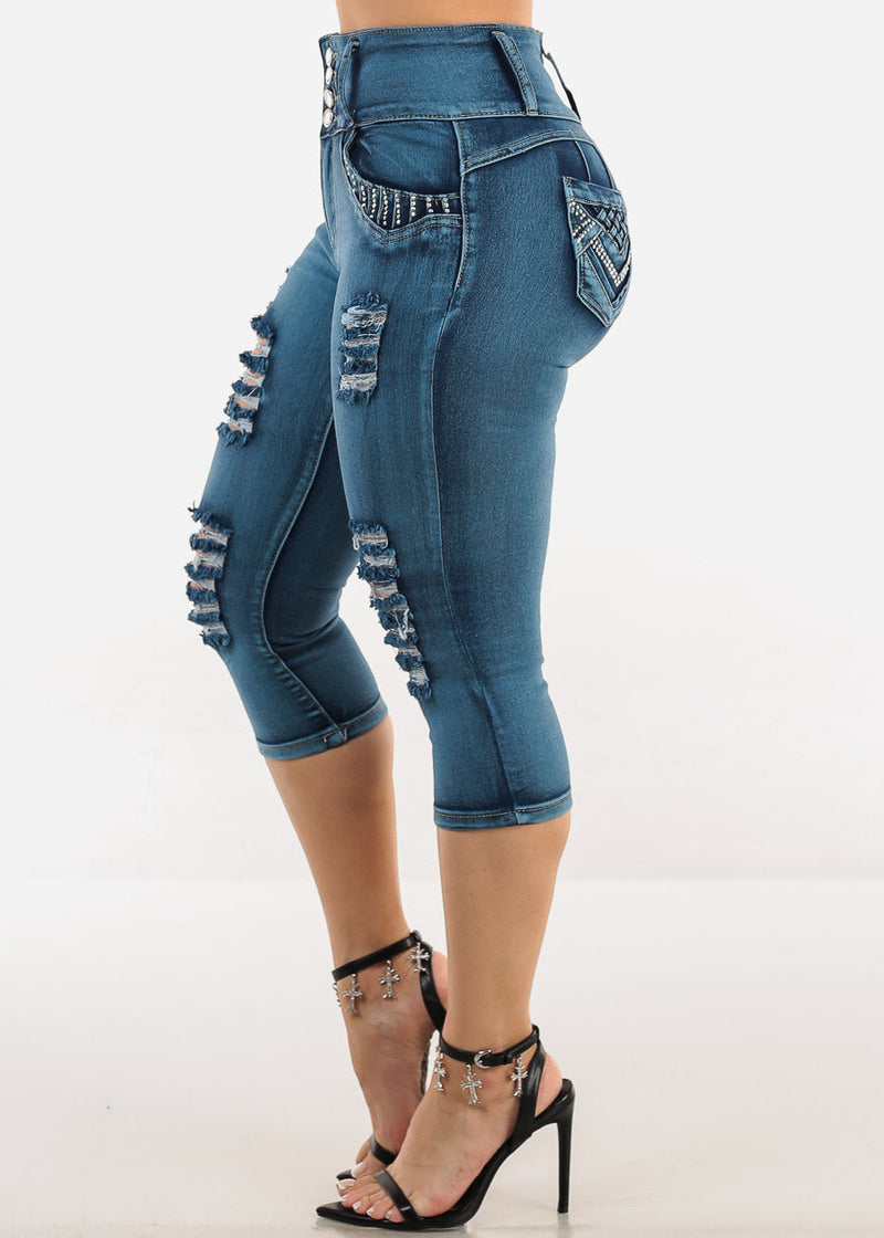 Butt Lift Distressed Denim Capris Teal