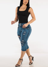 Butt Lift Distressed Denim Capris Teal