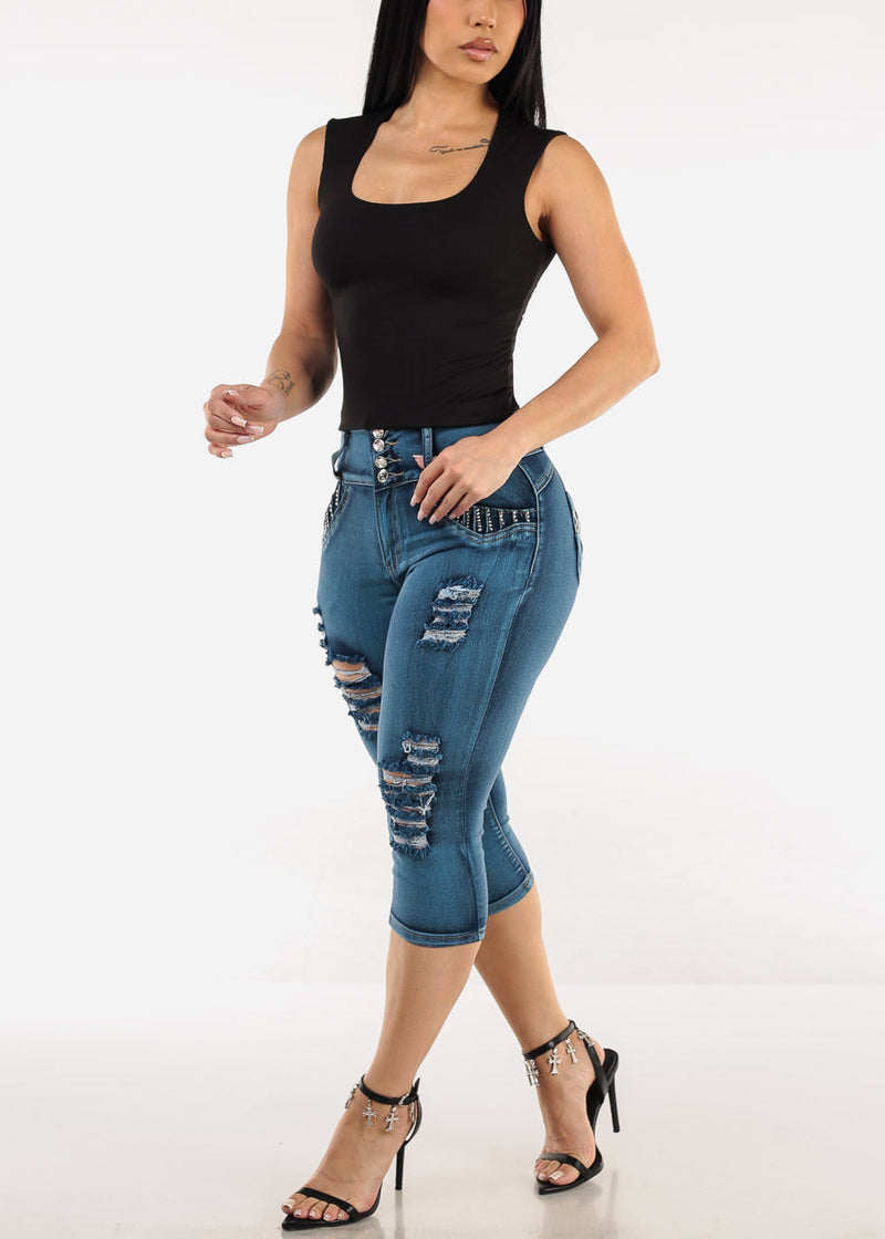 Butt Lift Distressed Denim Capris Teal