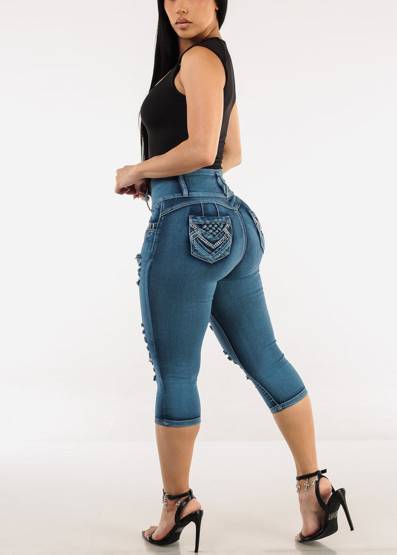 Butt Lift Distressed Denim Capris Teal
