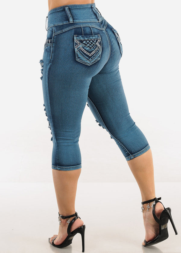 Butt Lift Distressed Denim Capris Teal