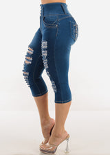 Butt Lift Distressed Denim Capris Med Blue