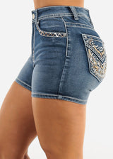 Embroidered High Rise Stretch Denim Shorts Light Stone Wash
