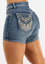 Embroidered High Rise Stretch Denim Shorts Light Stone Wash