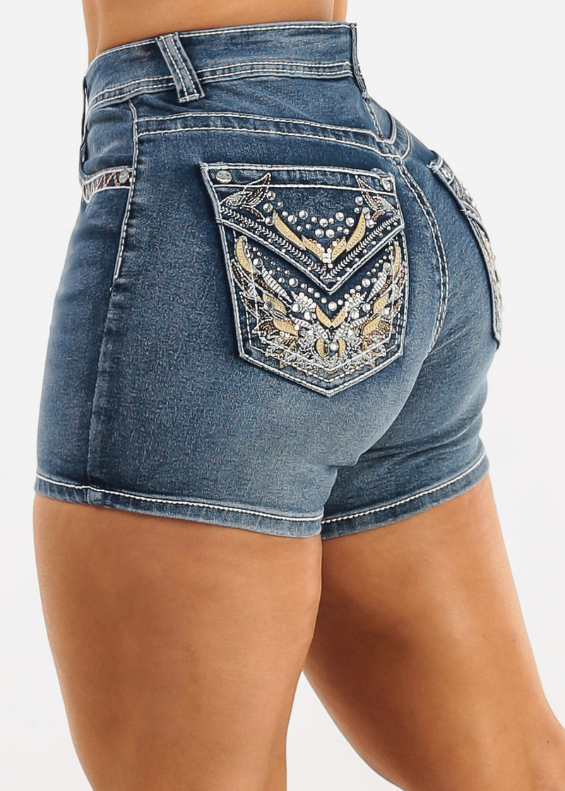 Embroidered High Rise Stretch Denim Shorts Light Stone Wash