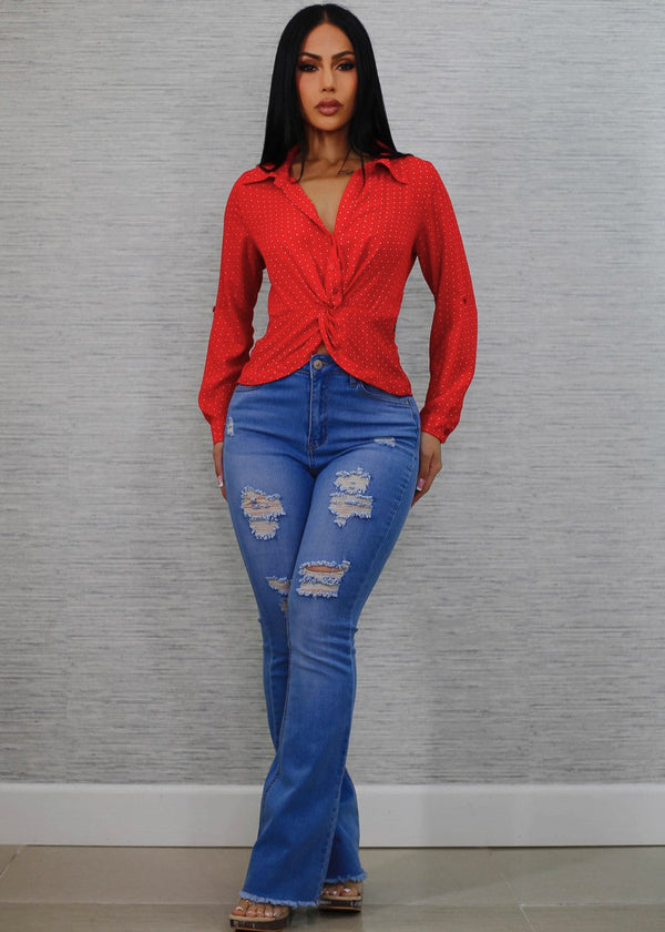 Stretchy High Waist Distressed Bootcut Jeans Light Blue