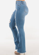 Stretchy High Waist Distressed Bootcut Jeans Light Blue