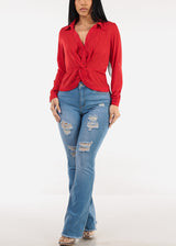 Stretchy High Waist Distressed Bootcut Jeans Light Blue