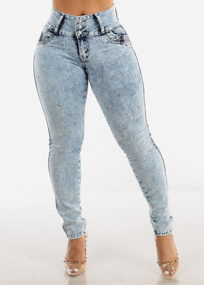 MX JEANS Mid Rise Butt Lifting Acid Wash Skinny Jeans