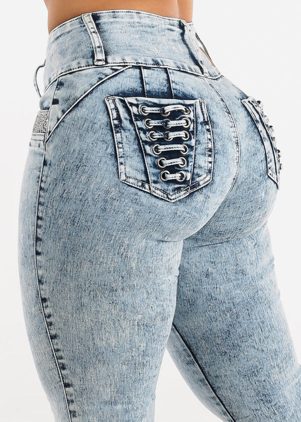 MX JEANS Mid Rise Butt Lifting Acid Wash Skinny Jeans