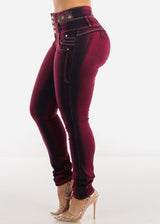 MX JEANS Embroidered Back Butt Lifting Skinny Jeans Burgundy