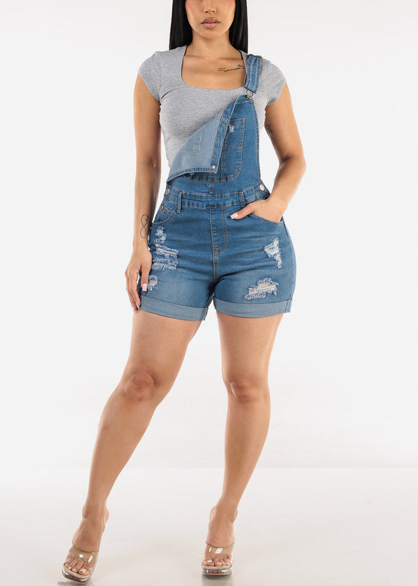 Sleeveless Cuffed Distressed Light Denim Short Overalls