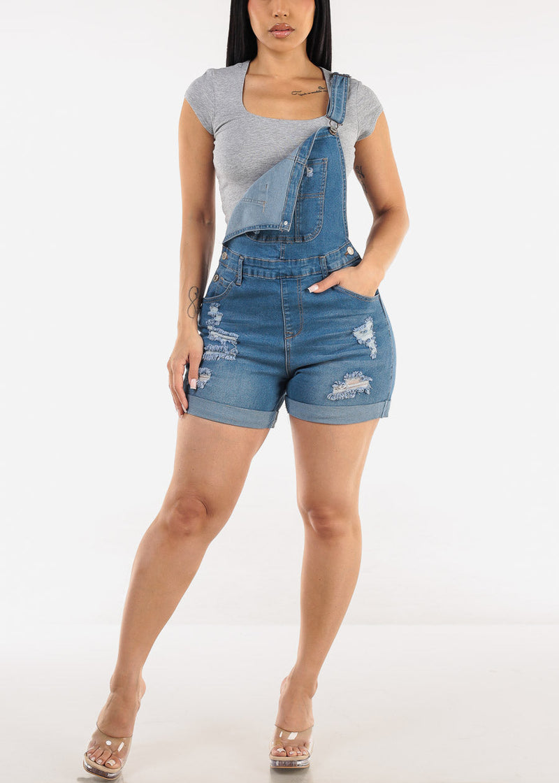 Sleeveless Cuffed Distressed Light Denim Short Overalls