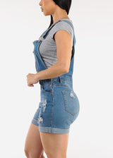 Sleeveless Cuffed Distressed Light Denim Short Overalls