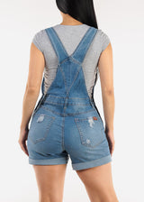 Sleeveless Cuffed Distressed Light Denim Short Overalls