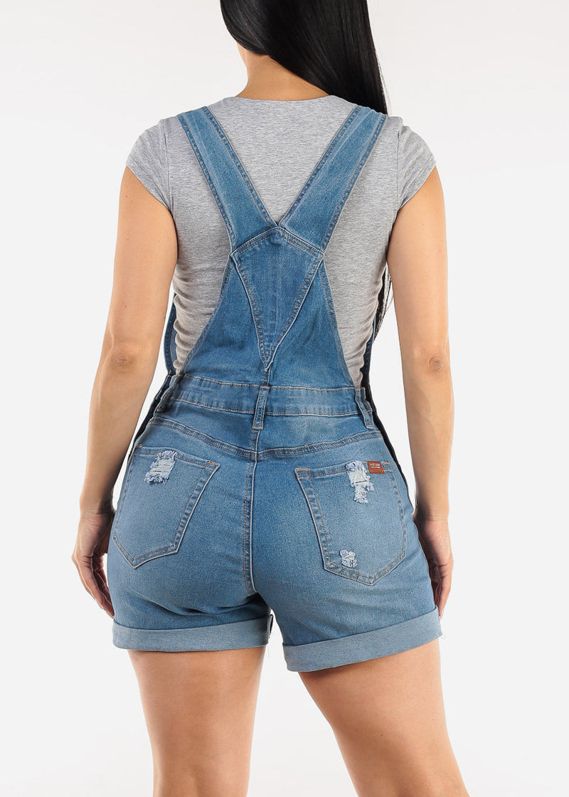 Sleeveless Cuffed Distressed Light Denim Short Overalls