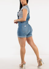 Sleeveless Cuffed Distressed Light Denim Short Overalls