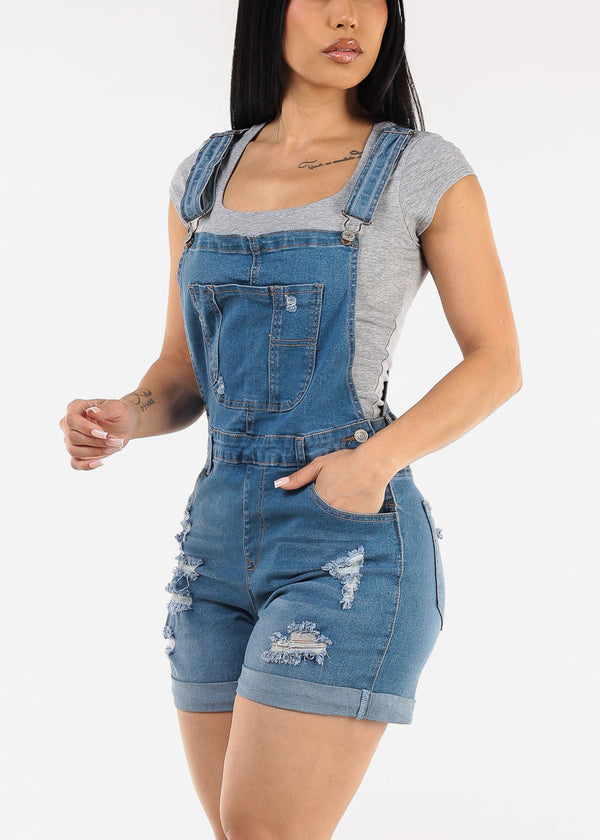 Sleeveless Cuffed Distressed Light Denim Short Overalls