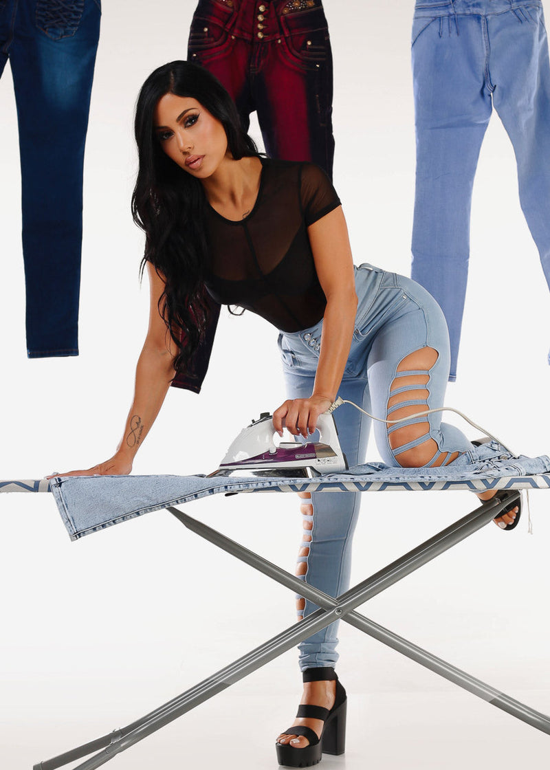 Butt Lifting High Waist Cut Out Skinny Jeans Light Blue