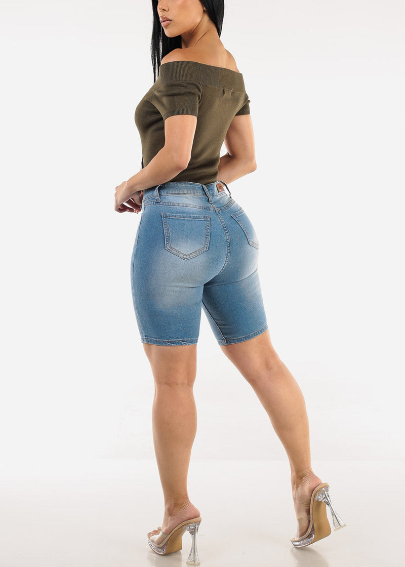 Stretchy Mid Rise Denim Bermuda Shorts Light Blue